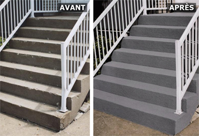 Réparation de marche de balcon en béton - Réparation de béton au ciment polymère avec treillis de nylon intégré et finition au Granexe. Travaux de réparation de béton effectués à Boucherville sur la rive-sud de Montréal.
